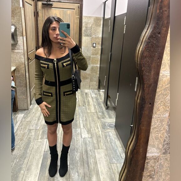 Balmain Off Shoulder Knit Dress Green - Picture 11 of 13